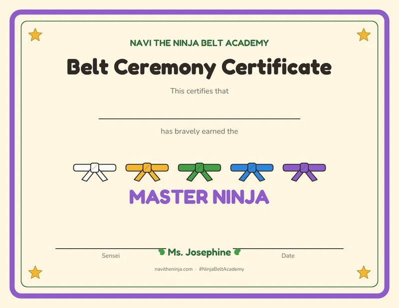 Master Ninja certificate with all five colored belts and a space for the child's name.