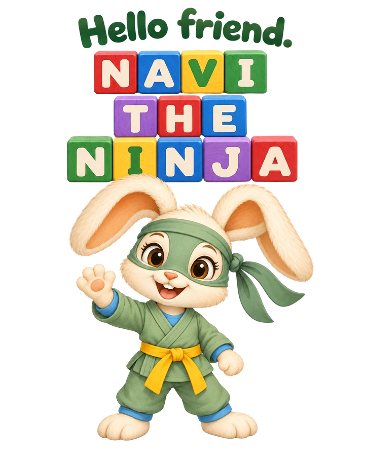 Hello friend! Navi the Ninja waves beneath his colorful letter-block name.