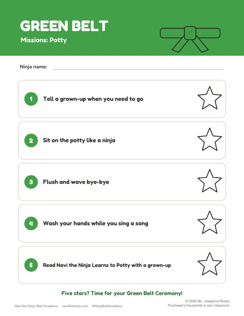 Green Belt potty mission sheet with five activities and stars to color.